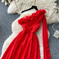 Pure desire red halter dress women's summer slimming look age reduction stereo flower decoration long dress eleganceelegant dress