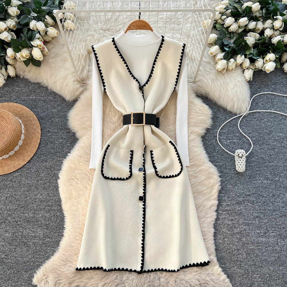 Xiaoxiangfengv neckknitting shirt vest dressfemaleautum waist slimming lookeleganttwo-piece setsuit skirt