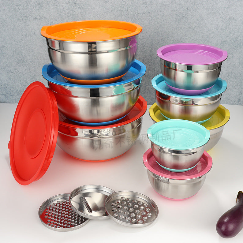 american colorful silicone bottom salad bowl with lid cooking baking salad bowl set stainless steel egg bowl