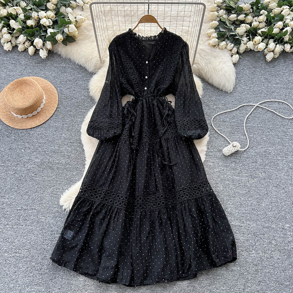 French court style puff sleeve dress - women's autumn hollow-out crochet drawstring waist elegant chic maxi dress