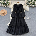 French court style puff sleeve dress - women's autumn hollow-out crochet drawstring waist elegant chic maxi dress