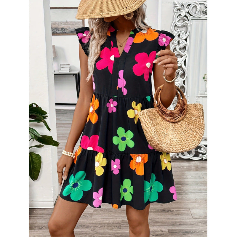 code new arrival  original women's summer vacation style v neckprinting doll dress