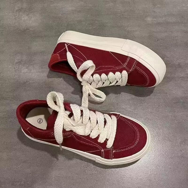 Bright red canvas sneakers for women, new autumn 2026 collection, versatile student shoes, women's chunky sole breathable lightweight niche skate shoes