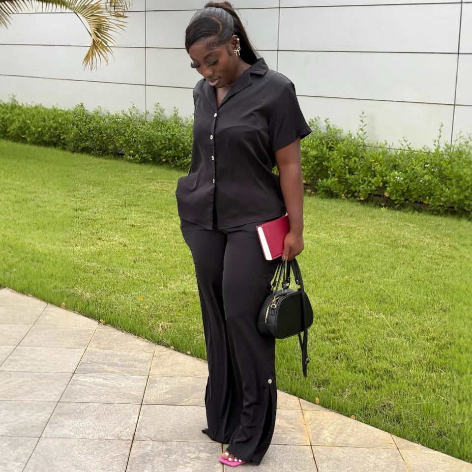 Cross-border European and American women's clothing solid color lapel cardigan shirt top women's African style fashion wide-leg trousers two-piece set