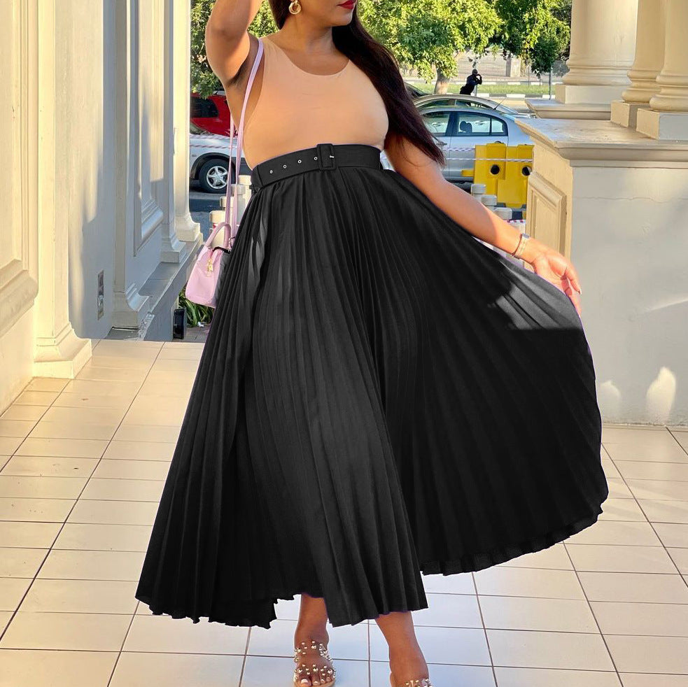 D293p with belt european and american clothing new arrival high waist large skirt mid-length pleated elegantdrapedexport skirt