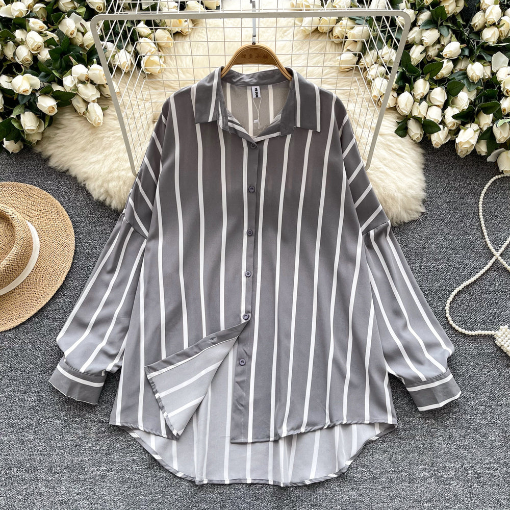 Long-sleeved striped shirt - women's autumn new arrivals, european & american style, casual, versatile, loose fit, slimming, mid-length, plus size, trendy blouse