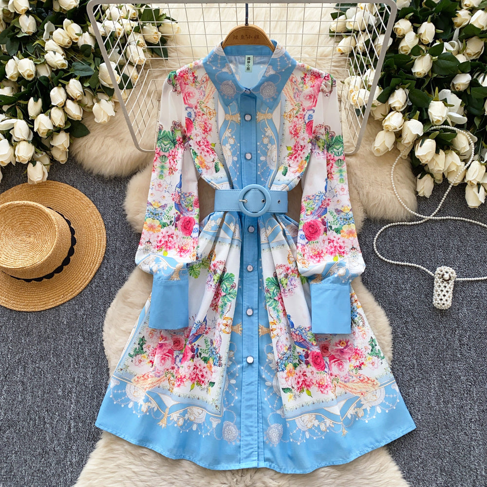 Spring new arrivaldress women's frenchretro lapel long sleeves single breasted waist slimming look printing a-line shirt skirt