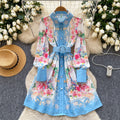 Spring new arrivaldress women's frenchretro lapel long sleeves single breasted waist slimming look printing a-line shirt skirt
