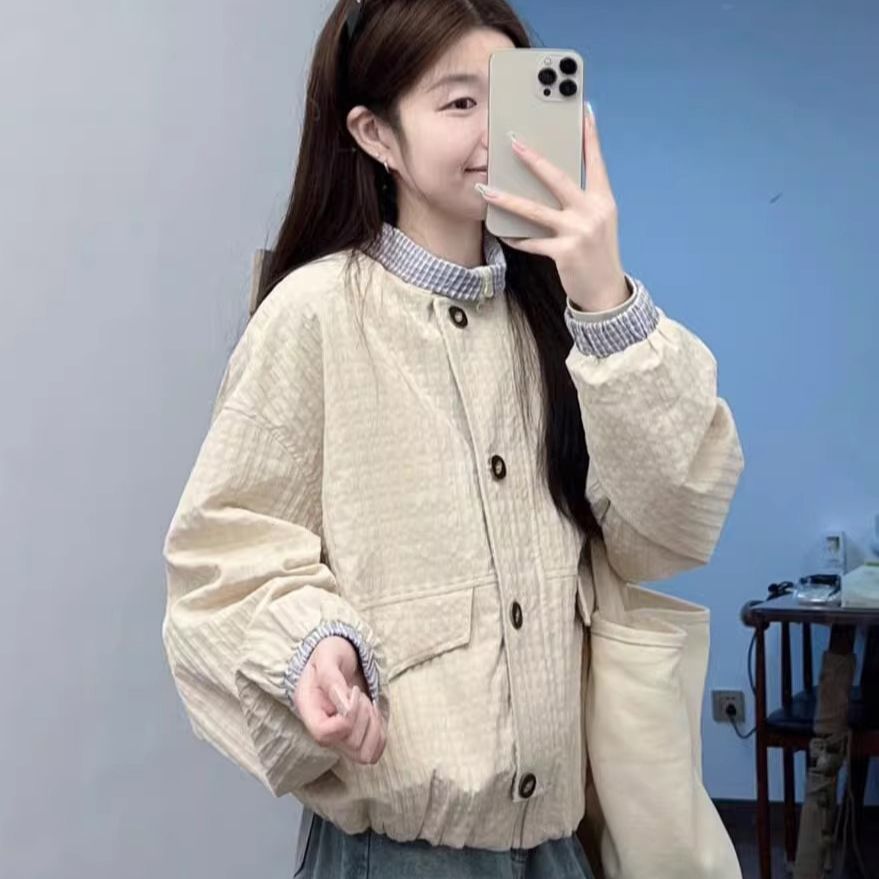 Retro loose contrasting coat women's 2025 early spring high-end niche design stand-up collar plaid short jacket top