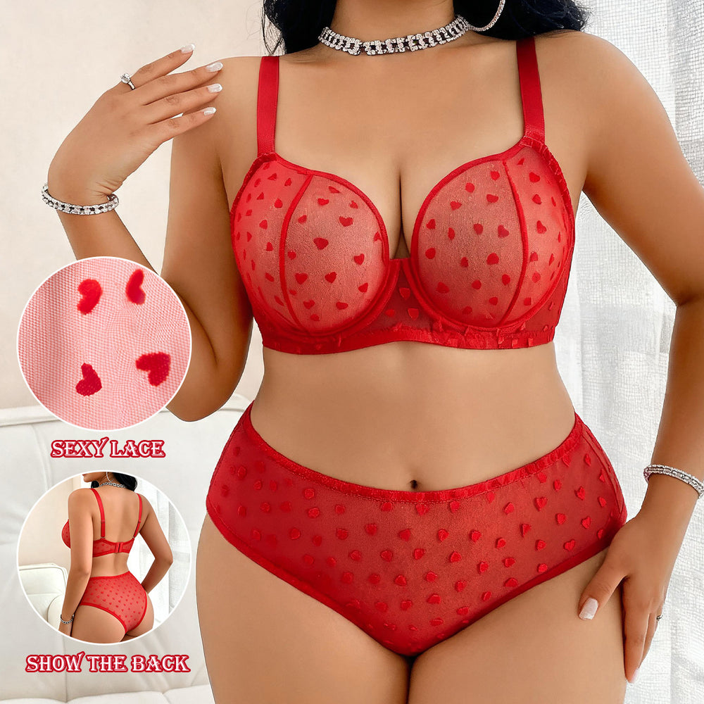 fashionsexylace gathered thin plus size bra flocked heart-shaped laceplaid ultra-thin bra suit