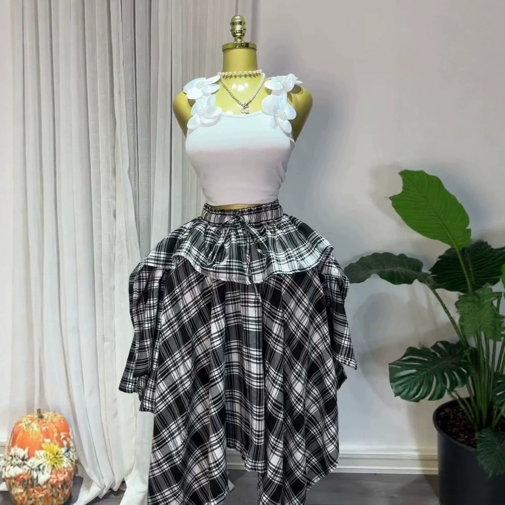 European and american cross-border women's fashion:  summer new arrivals - stylish plaid elastic waist slimming irregular a-line midi skirt