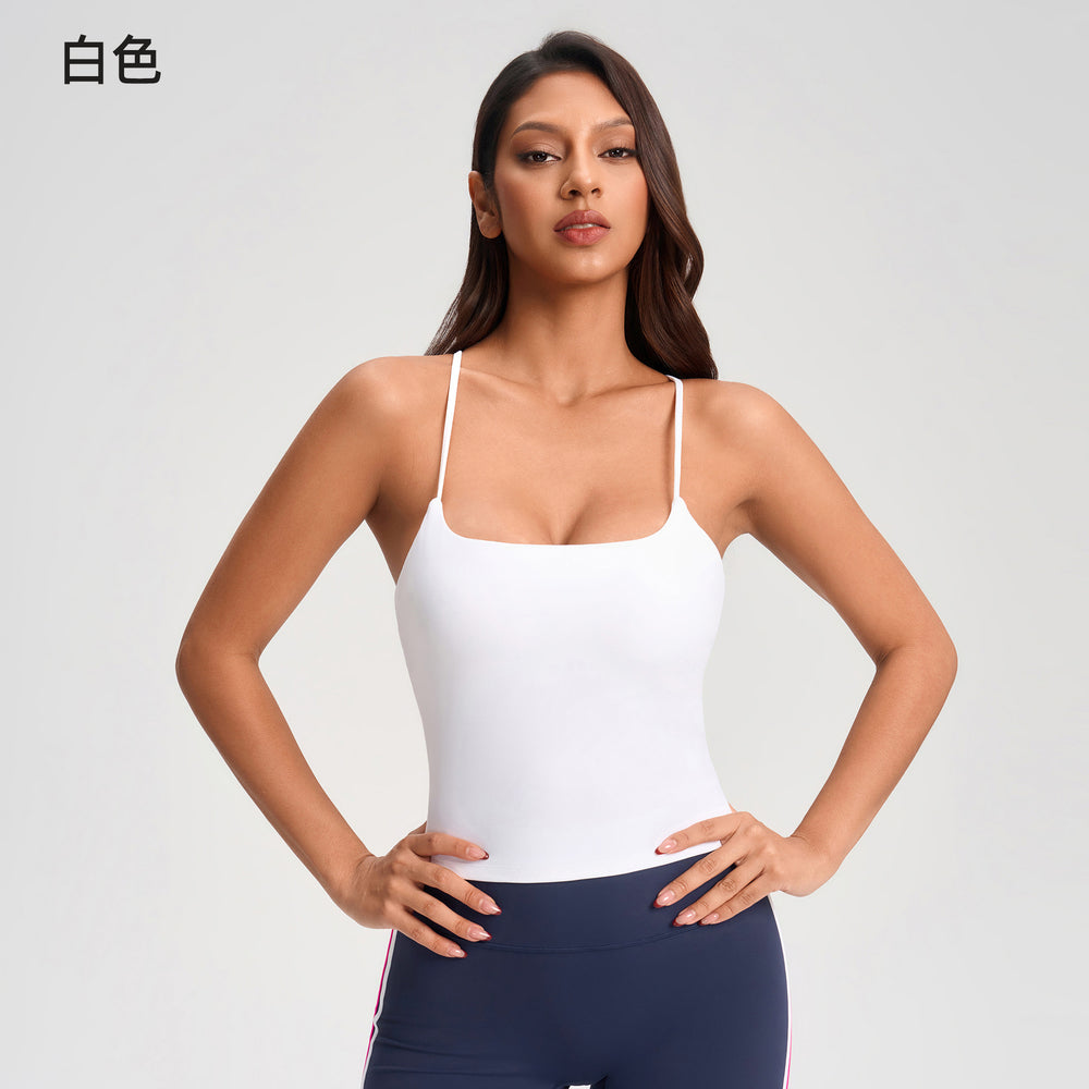 Cross-strap camisole tank top for women with built-in bra pads - no bra needed - cropped fitness yoga top yg-1008