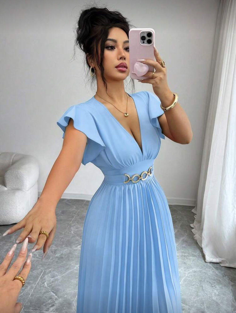 new v-neck ruffle sleeve solid color metallic embellished pleated design elegant long dress