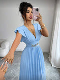 new v-neck ruffle sleeve solid color metallic embellished pleated design elegant long dress