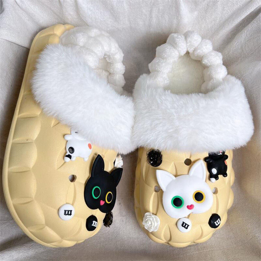2025 cotton slippers - removable & washable, women's winter home & outdoor wear, thick sole, closed heel, fleece-lined, cartoon design, warm & cozy