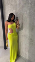 European and american cross-border women's fashion:  autumn new arrival - solid color sleeveless asymmetrical neck one-shoulder cutout off-shoulder maxi dress