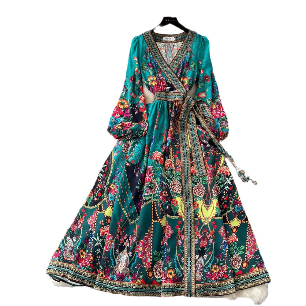 European and american retro chic fashionable printed design one-piece waist-tie wide hem long-sleeve french dress for women