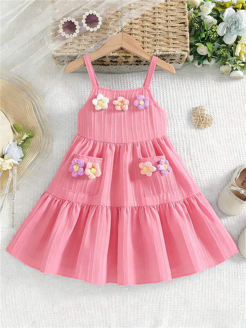girl's suspender skirt multi-color texture fabric cake skirt stereo flower patchwork sky blue kidsdress