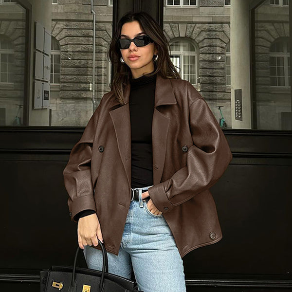 Winter retro brown leather jacket women's European and American high-end sense loose suit collar leather jacket medium and long coat women's clothing