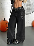 European and american style women's black and grey stone washed jeans with rivet spiral pattern, punk high-waisted wide leg, floor-sweeping denim pants