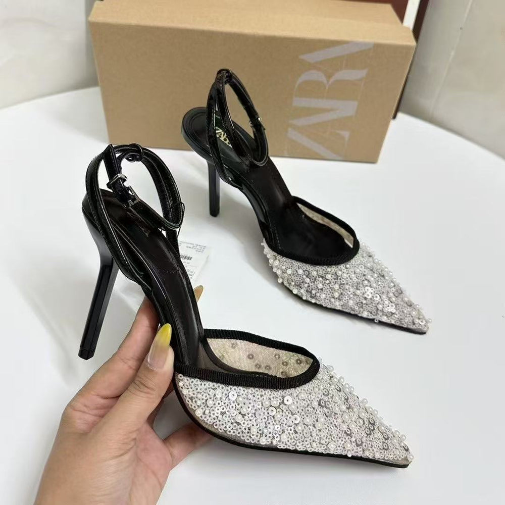 Za summer new women's shoes black shiny mesh sequin embroidery pearl full rhinestone high heel pointed toe slingback mules
