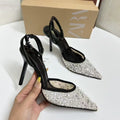 Za summer new women's shoes black shiny mesh sequin embroidery pearl full rhinestone high heel pointed toe slingback mules