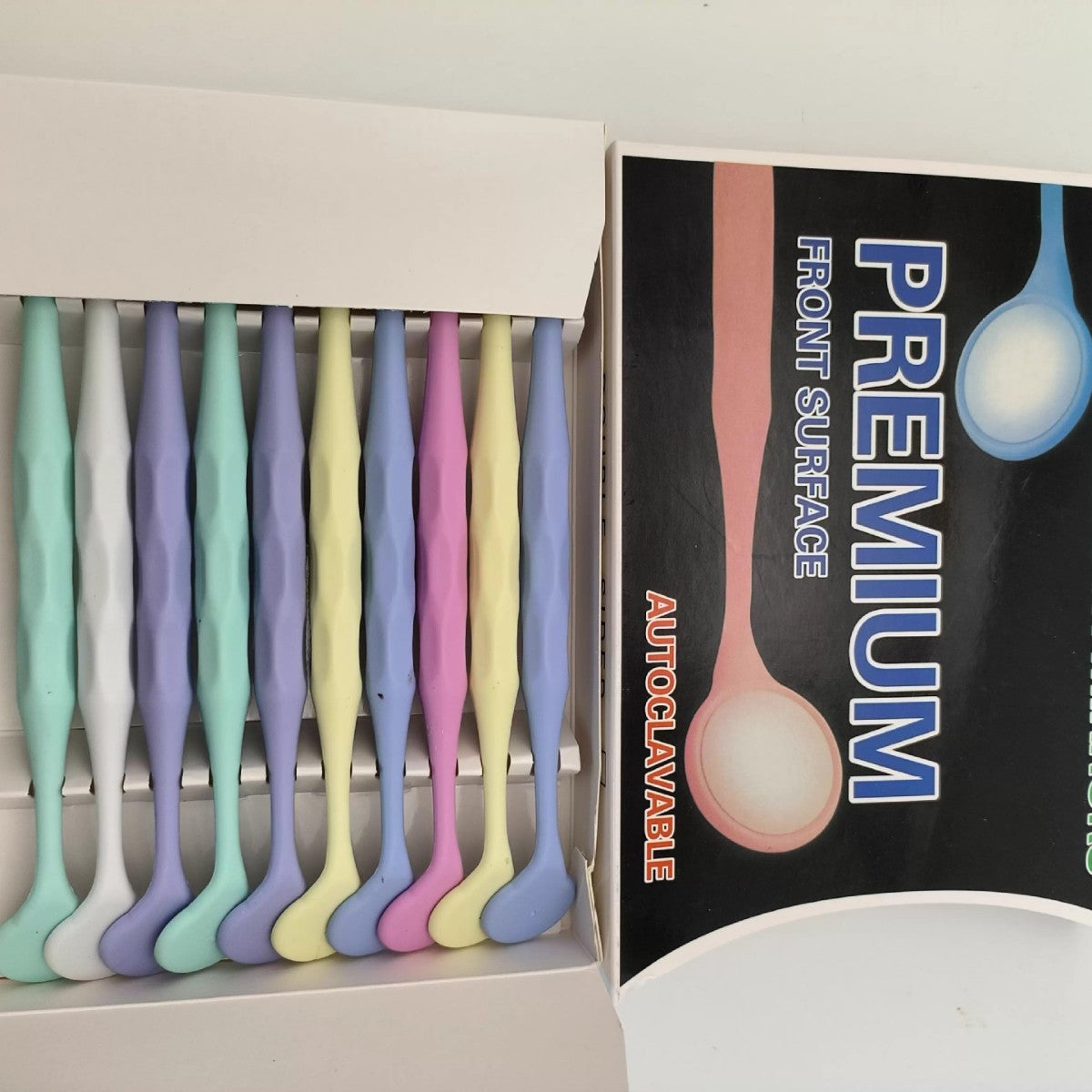 Dental mirrors, colored plastic single-sided/double-sided mirrors, stainless steel lenses, a box of 10 mirror-coated mirrors