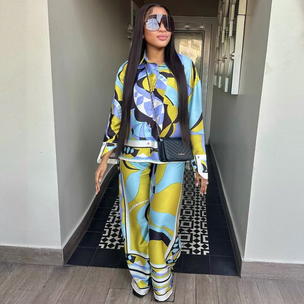 European and American women's clothing suit long-sleeved printed cardigan shirt casual trousers African fashion large size loose two-piece suit women