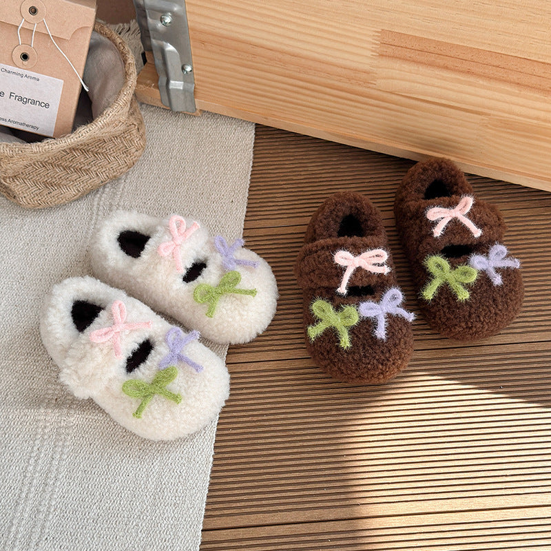 ins French fluffy shoes 2025 winter new Korean version of girls cute color matching bow soft sole velvet cotton shoes