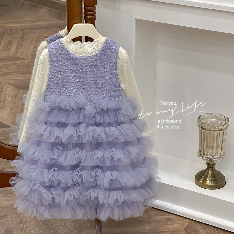 Girls' dress - spring  new korean style sweet tutu dress with lace top and underskirt