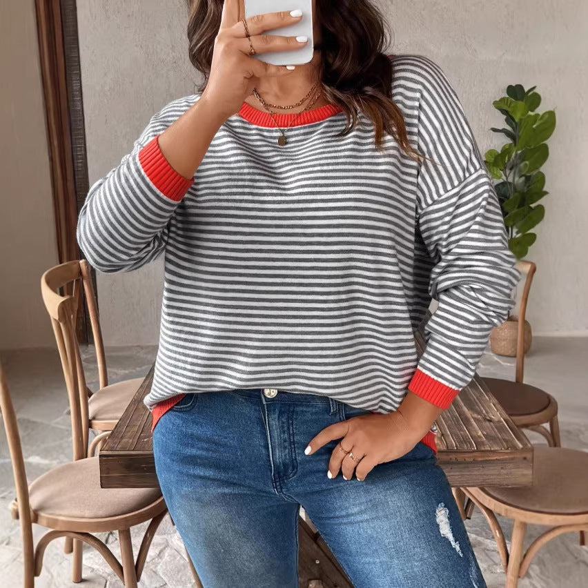 european and american cross-border autumn women's striped t-shirt plus size top casual sweater
