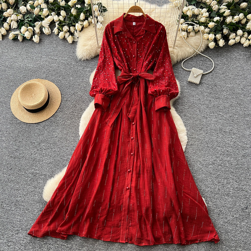 Frenchretro lapel lantern sleeve sequindress women's summerk-style strap waist slimming look long skirt work clothing
