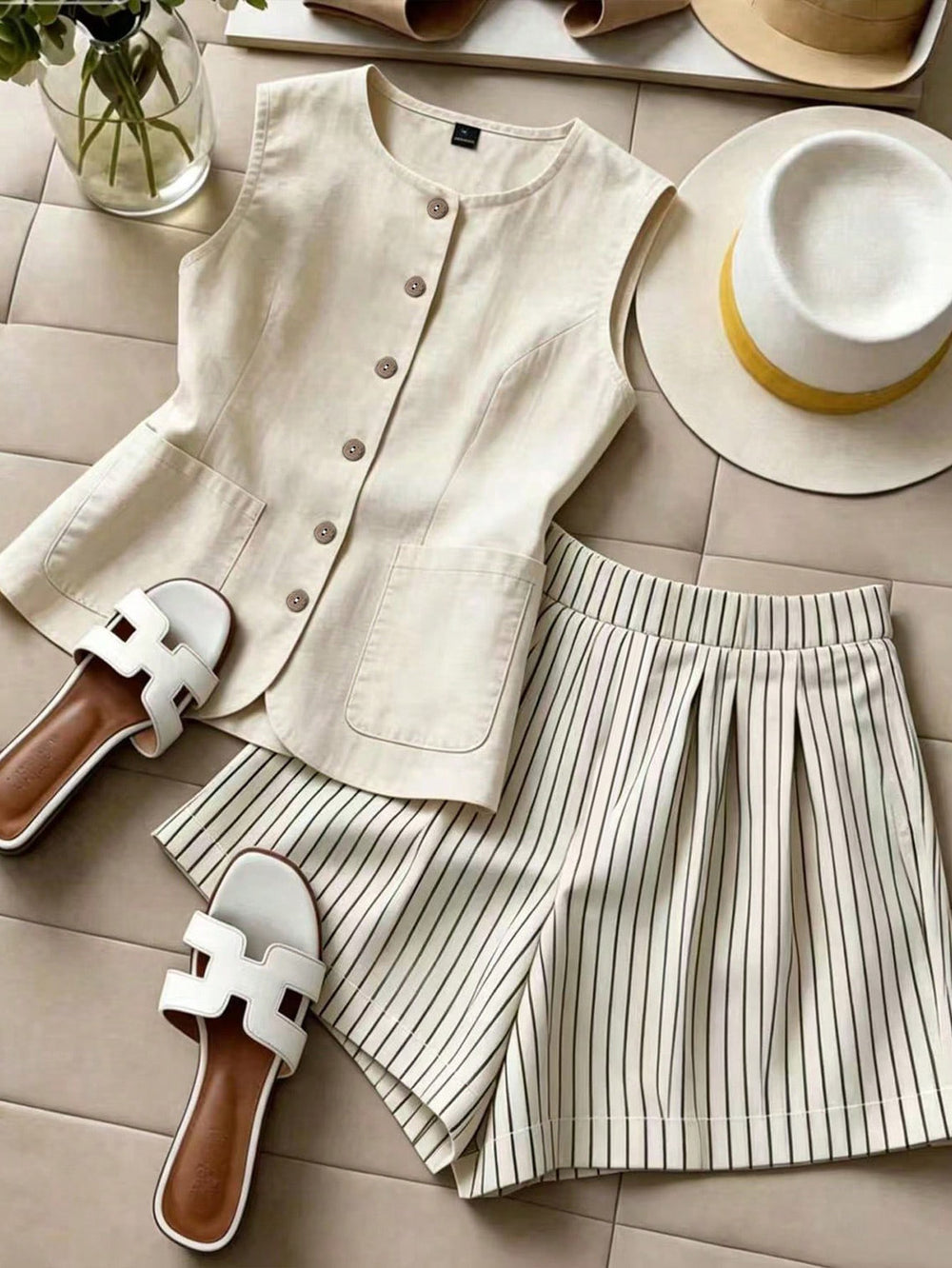 fashion  summer new beige sleeveless vest striped shorts suit work clothingcasualtwo-piece set