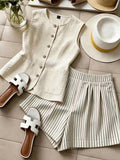fashion  summer new beige sleeveless vest striped shorts suit work clothingcasualtwo-piece set