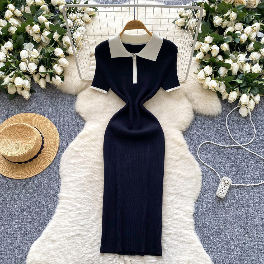 Korean ins summer new style niche styleretro polo collar short sleeve silmslimming lookelegant hip-covering knittingdress