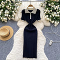 Korean ins summer new style niche styleretro polo collar short sleeve silmslimming lookelegant hip-covering knittingdress