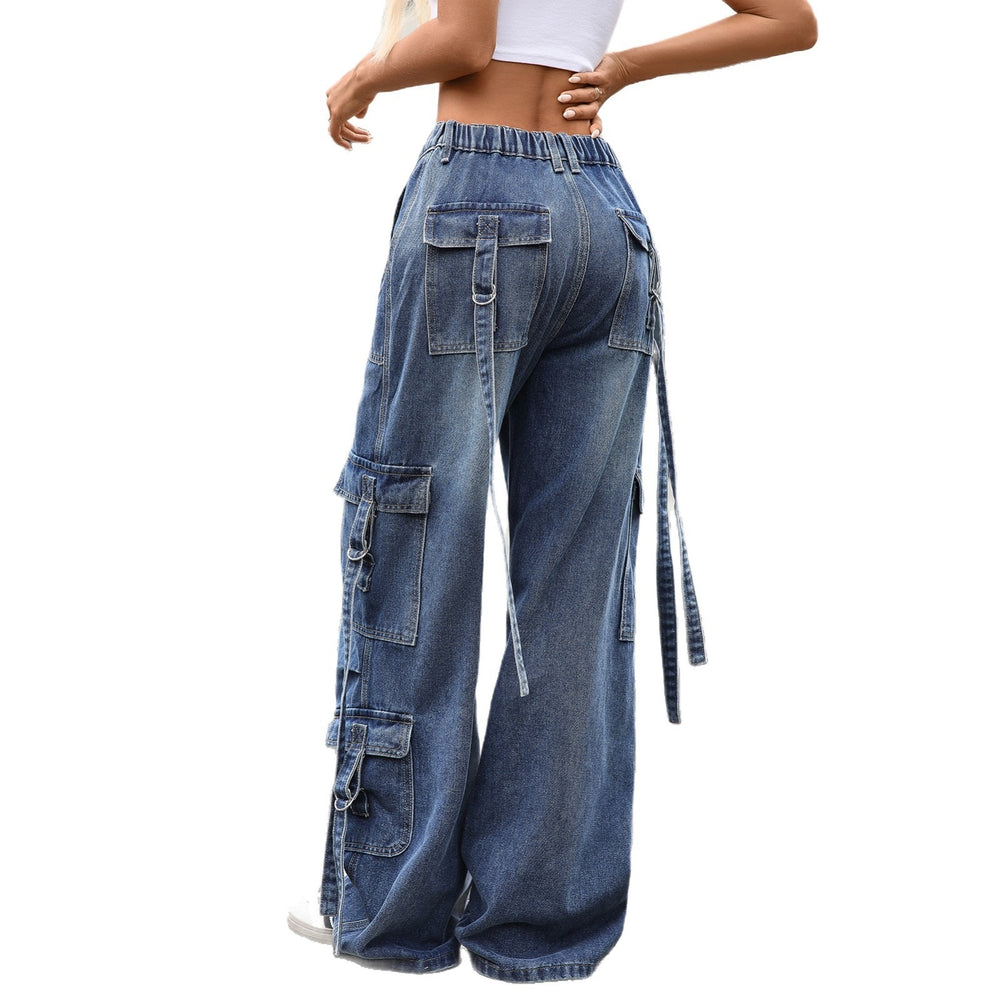 European and american cross-border e-commerce  autumn new arrival washed multi-pocket drawstring decorated wide-leg loose denim pants