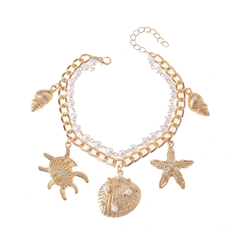 Pearl anklet wholesale - european & american cross-border style - beach vacation vibes - turtle, starfish, and seashell pendants - women's layered design anklets