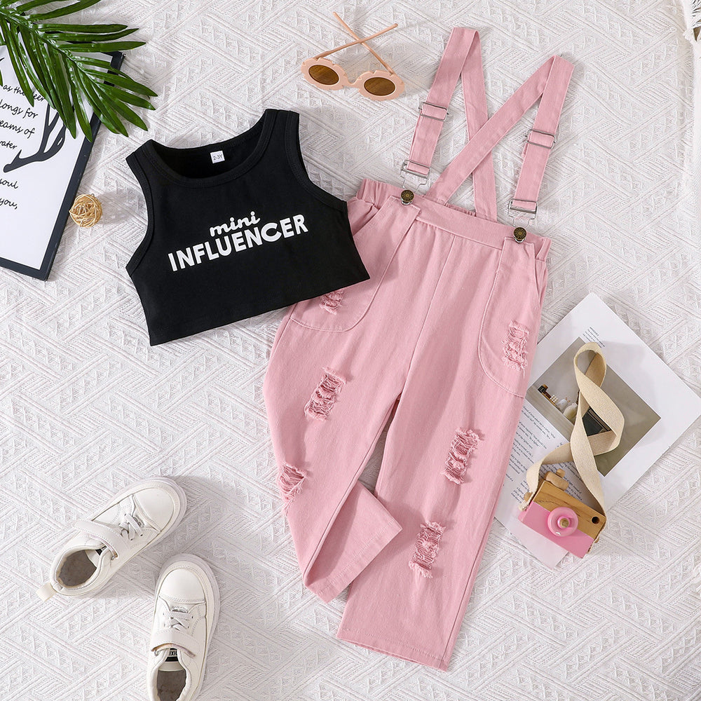 new girls' fashion two-piece set: letter print tank top + pink distressed denim overalls