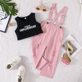 new girls' fashion two-piece set: letter print tank top + pink distressed denim overalls