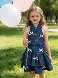 cross-border girls' fashion: european & american style halter collar denim vest + denim mini skirt bow set