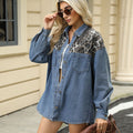 Fashion cross-border foreign trade women's clothing  independent station new washed loose leopard print color matching denim shirt tops