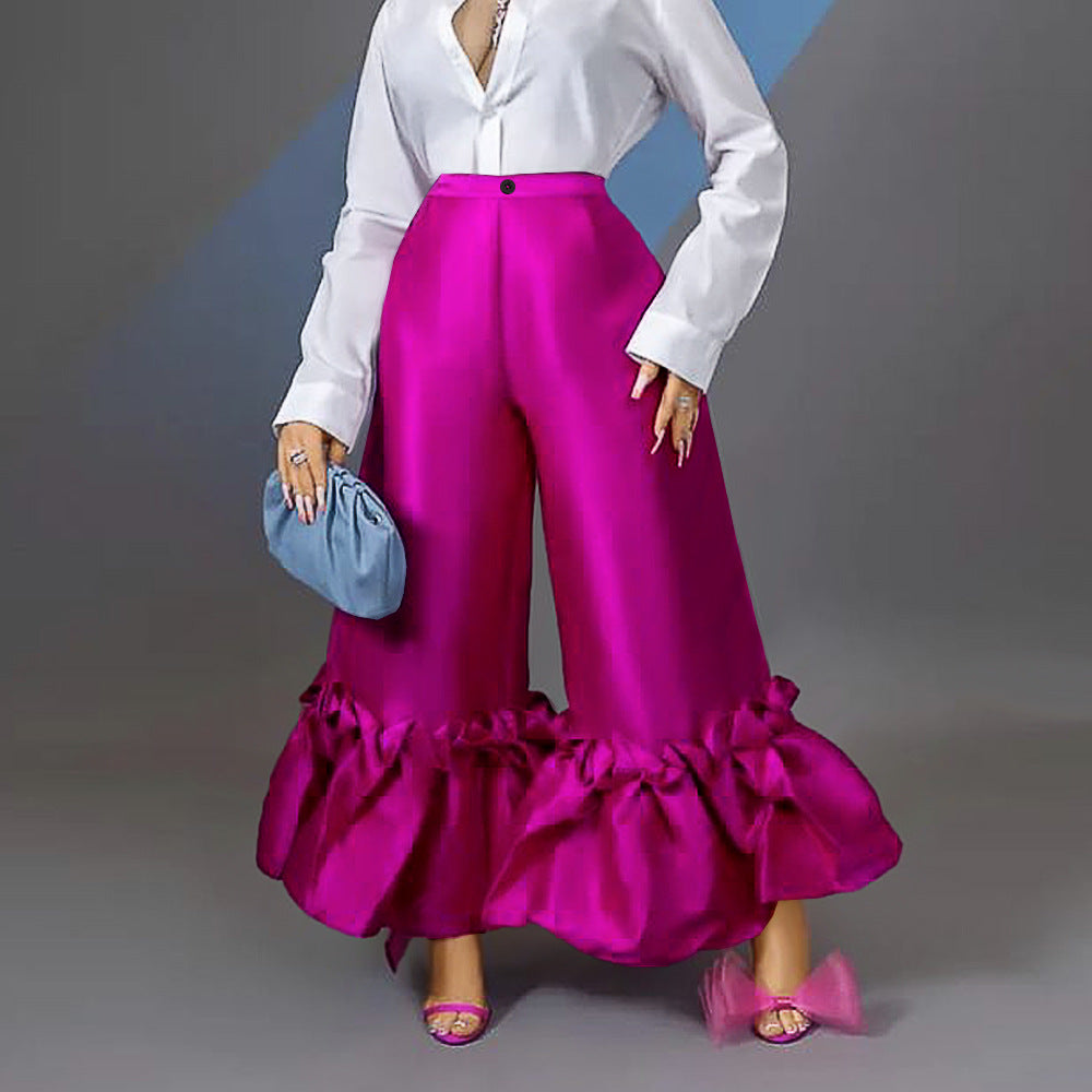 Am220521high waist loose design ruffles wide leg flare pants high waist flare pants