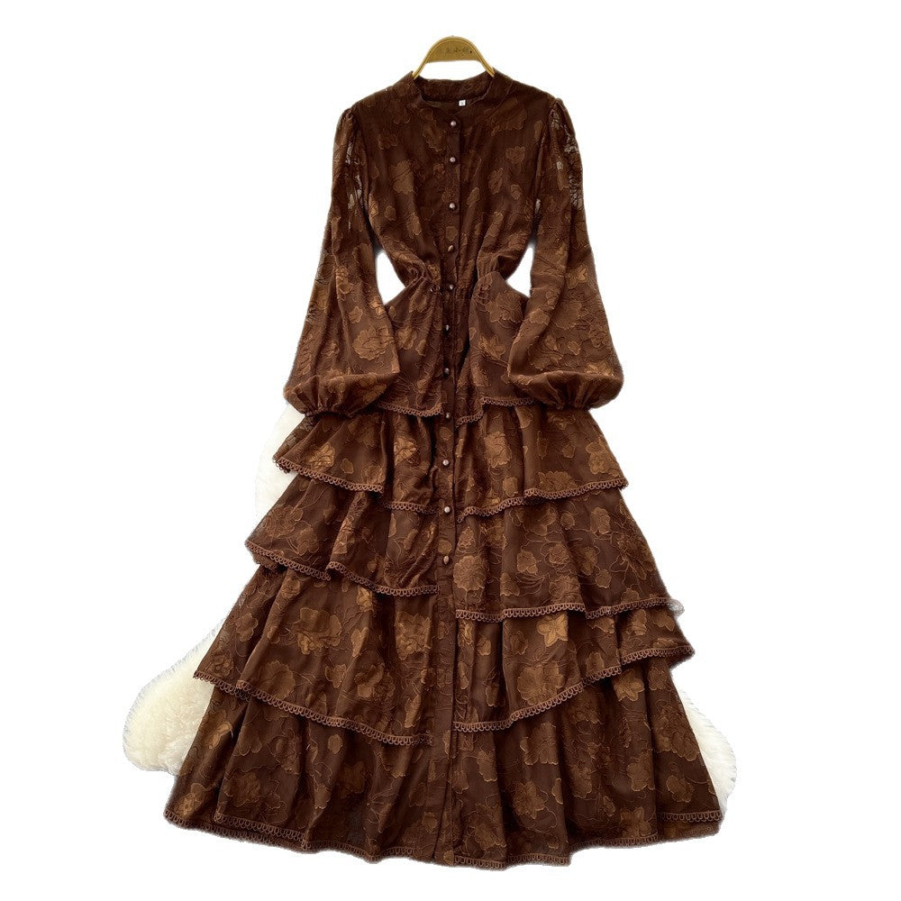 French chic lace patchwork tie-waist ruffle hem dress - women's autumn slimming elegant maxi dress