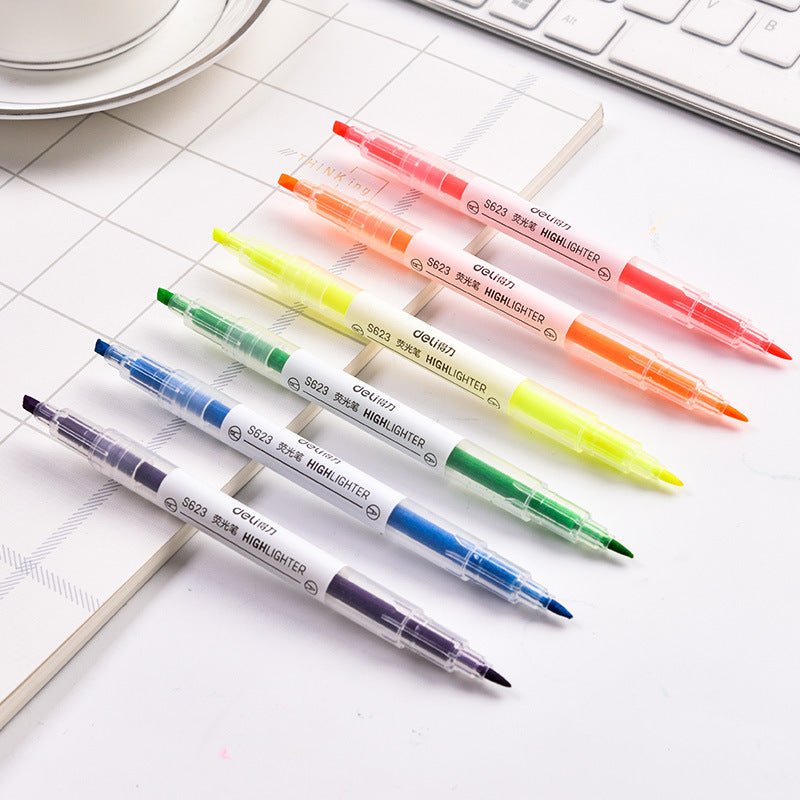 Deli Double Head Highlighter S627 Student Marker Pen 6-Color Marker Color Marker Weight Writing Pen Stationery