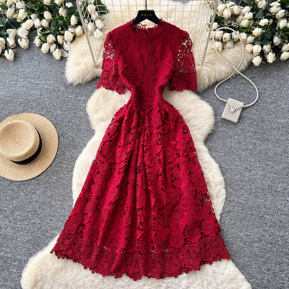 Retroelegance heavy industry cut out crochet water soluble lacedress women's french waist slimming look short sleeve dress long skirt