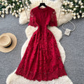 Retroelegance heavy industry cut out crochet water soluble lacedress women's french waist slimming look short sleeve dress long skirt