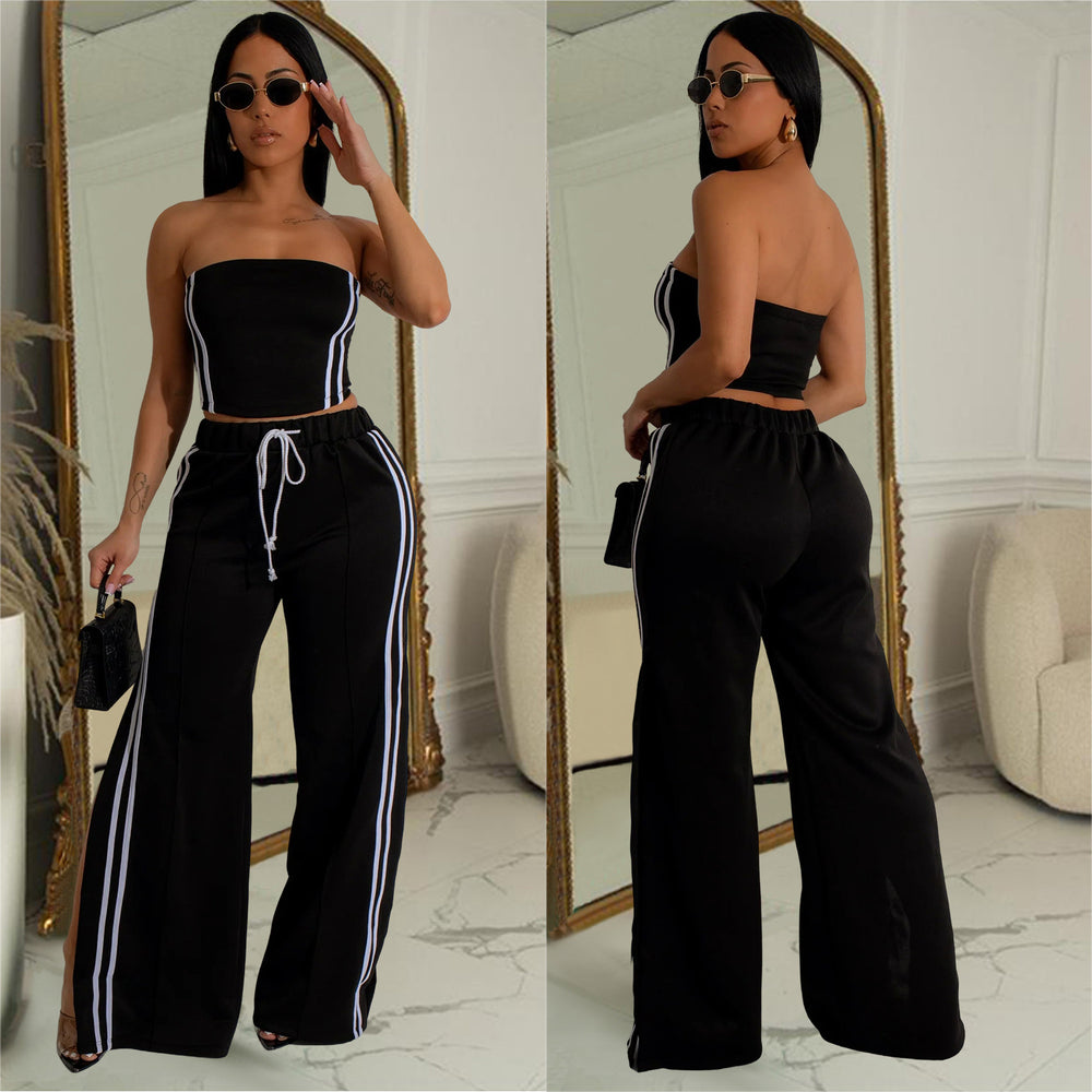 C7056 european and american style summer women's outfit: sexy bandeau top with flowy straight-leg pants - trendy export fashion