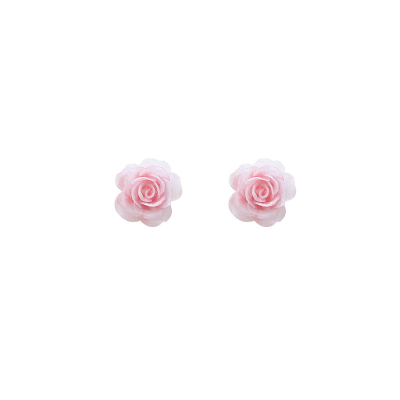 Pink rose flower silver needle stud earrings - minimalist, dainty, elegant, and exquisite. a luxurious, niche, and high-end design