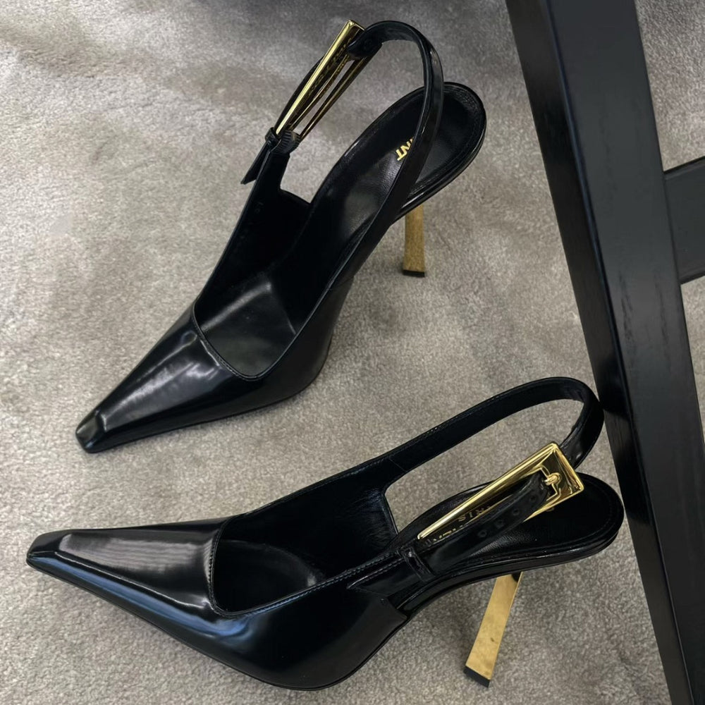 Black pointed-toe stiletto heels, 2025 new style, inspired by nazha's look, elegant patent leather sexy metal toe-cap sandals for women